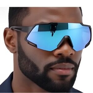 Sport Sunglasses Men‎ Blue Mirror Lens Black Frame UV400 Cycling Running Driving